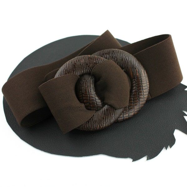 Chocolate Brown Faux Snakeskin Double Circle Buckle Elastic Vintage Belt