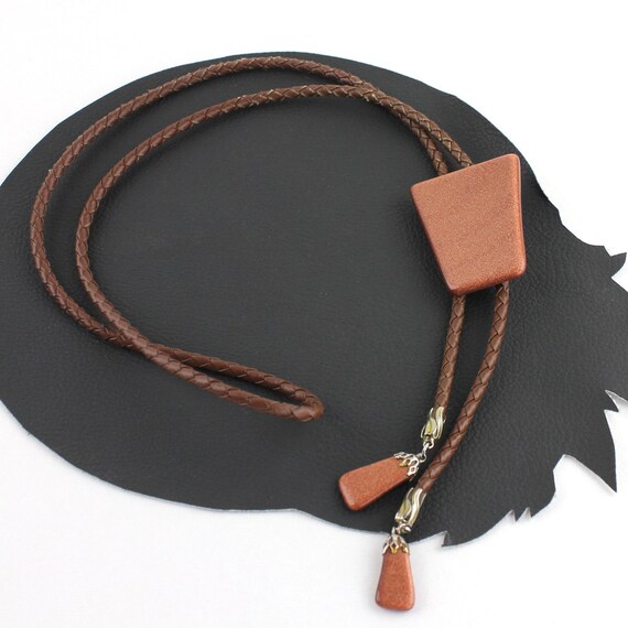 Goldstone Glittery Stone Bolo Tie with Brown Leat… - image 3