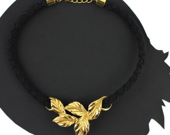 Gold Leaves on Black Braided Cord Art Nouveau Necklace