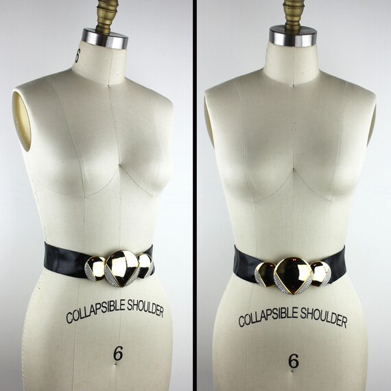 Vintage Alexis Kirk Gold & Rhinestone Buckle on Black Vinyl 