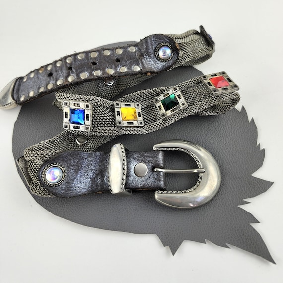 Rainbow Jeweled Silver Metal Mesh & Black Leather Studded 