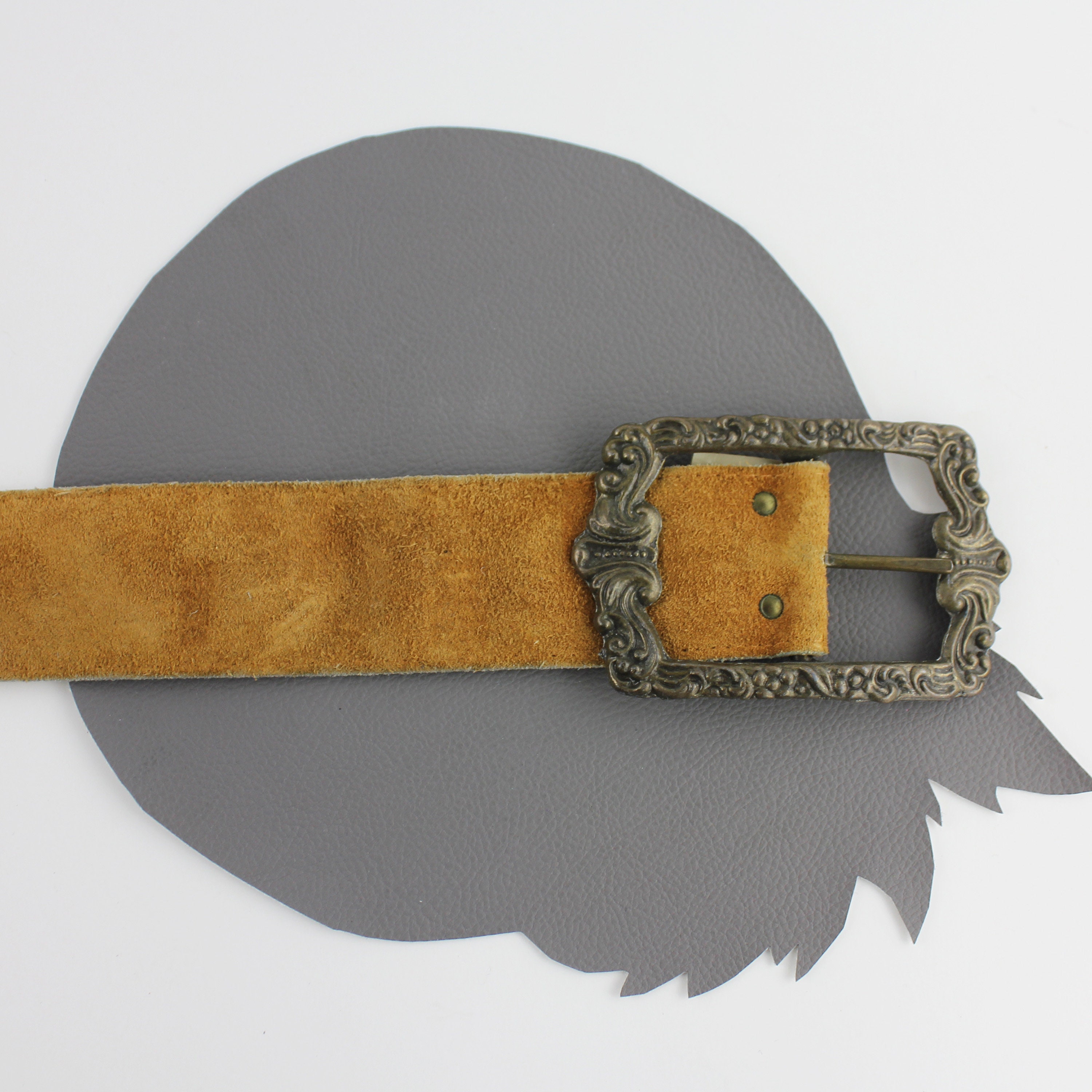 Wide Light Brown Suede Leather Boho Belt With Brass Scroll 