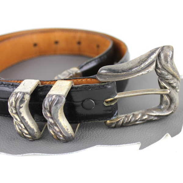 Black Leather Belt with Aged Silver Ornate Buckle