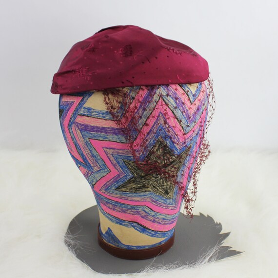 Burgundy Red Vintage Ladies Hat with Lace Veil Ov… - image 5