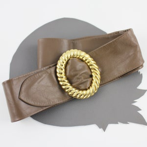 Taupe Brown Leather and Gold Buckle Vintage Belt / adjustable length up to 33 inches