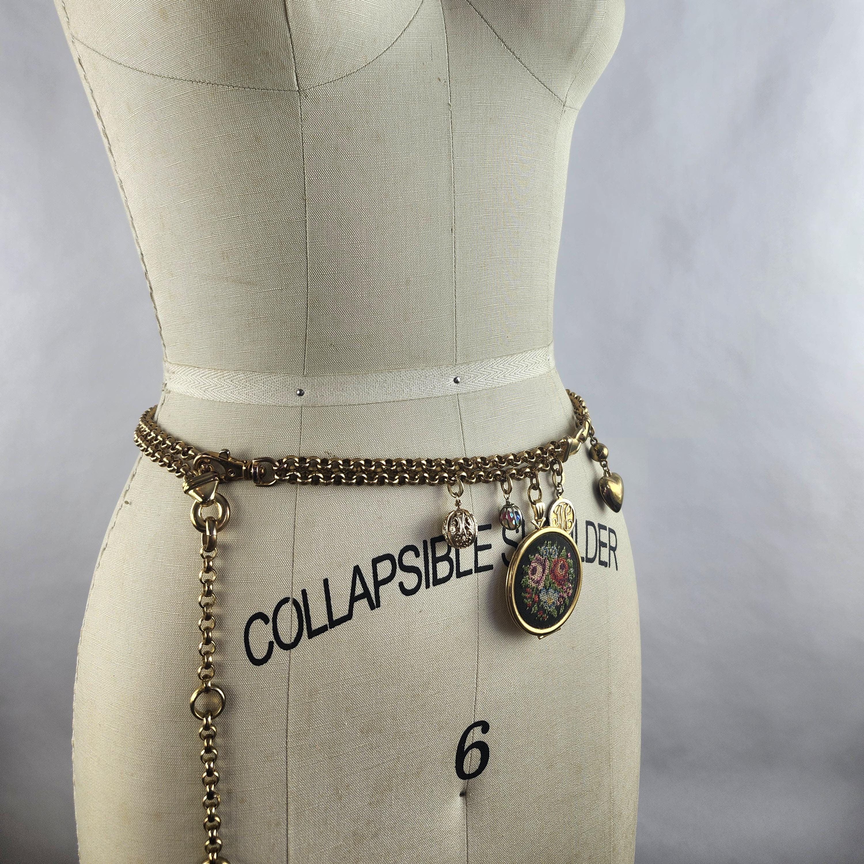 Brass Chain Charm Belt With Needlepoint Locket With Mix of 