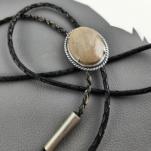 Vintage Light Tan Brown Stone with Black Leather Cord Bolo Tie / Western Wear Cowboy or Cowgirl Jewelry
