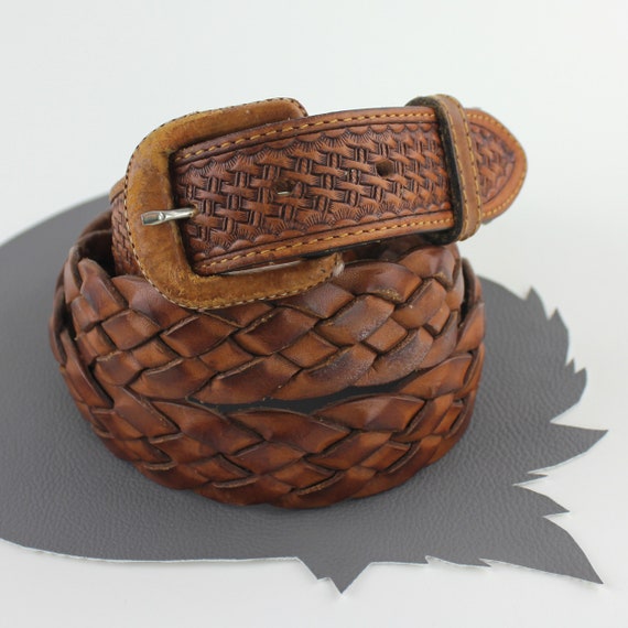 Distressed Brown Leather Woven Belt Unisex size U… - image 5