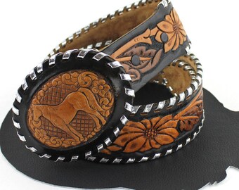 Tooled Leather Horse Buckle on Brown and Silver Leather  display picture 2