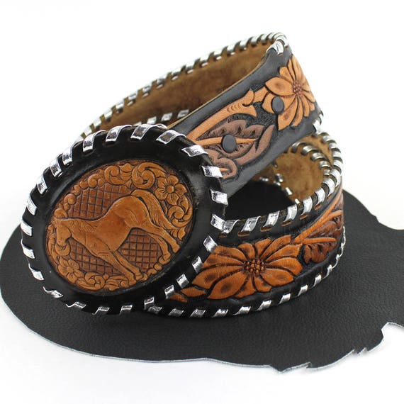 Tooled Leather Horse Buckle on Brown and Silver L… - image 2