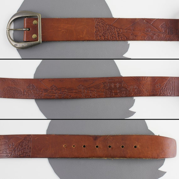 Brown Wide Leather Horses and Stagecoach Tooled W… - image 3