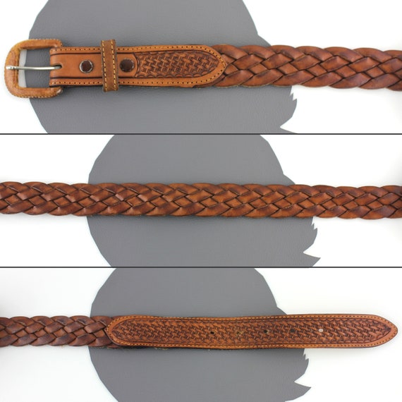 Distressed Brown Leather Woven Belt Unisex size U… - image 2