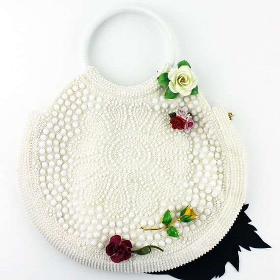 Off White Fully Beaded Vintage 50s Ladies Purse a… - image 2