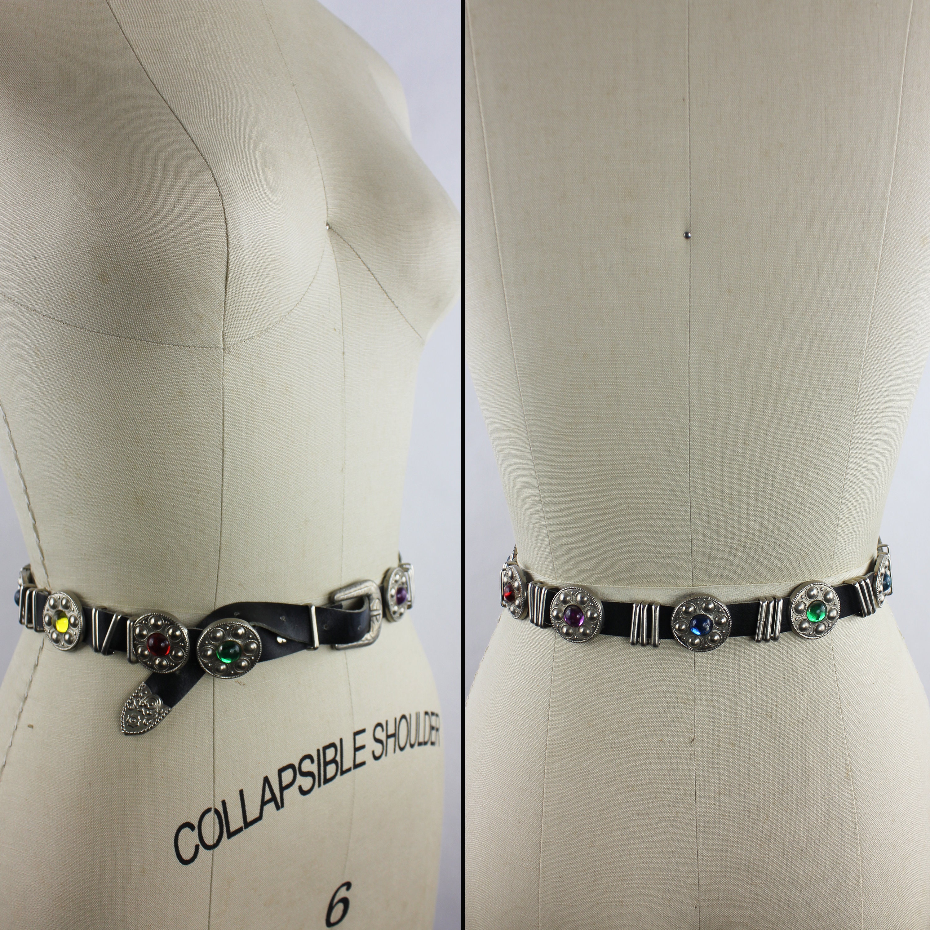 Rainbow Gems & Silver Metal Studded Vintage Black Leather 