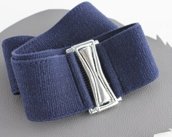 Vintage Nan Lewis Navy Blue Stretch Belt With Enamel Buckle  display picture 2