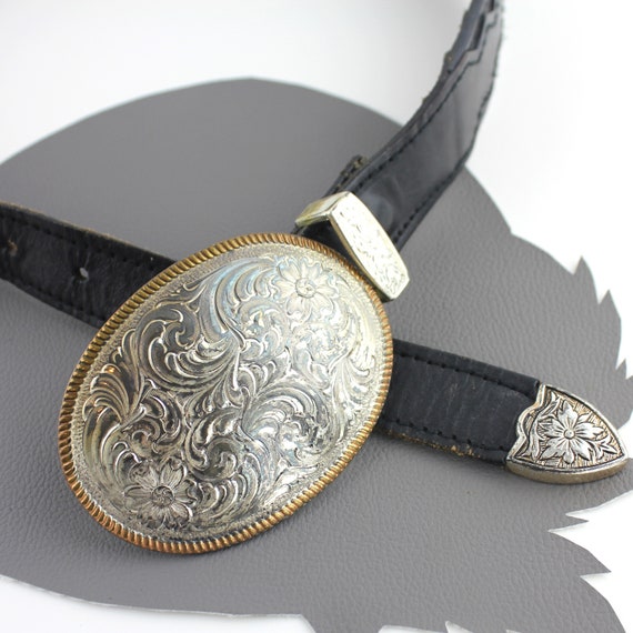 Black Leather Western Belt with Silver Paisley Bu… - image 6