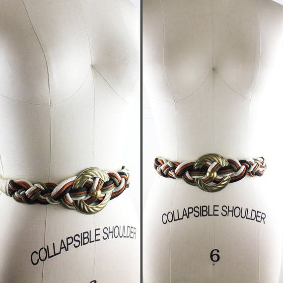 Cream Green Rust Black Knot Rope Belt with Brass … - image 3