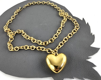 Golden Heart Charm on Chunky Chain Vintage Gold Necklace