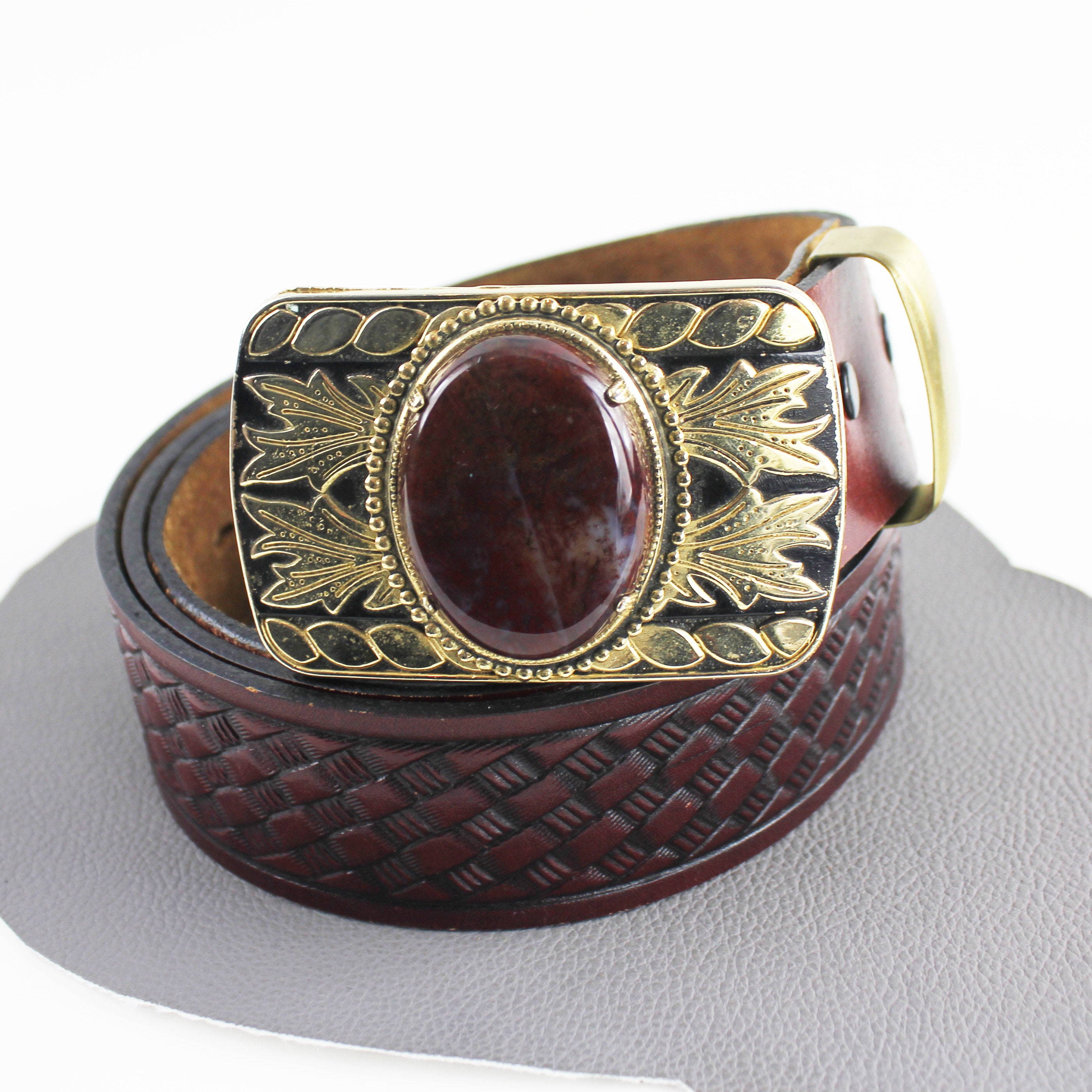 Red and Gray Stone Set in Brass Buckle on Burgundy Red 