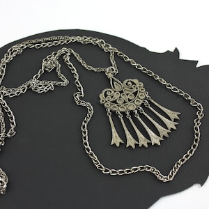 Nickel / Pewter Victorian Multi Chain Medallion Tassel Vintage Necklace