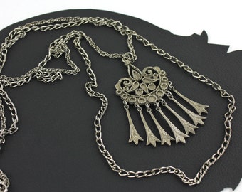 Nickel / Pewter Victorian Multi Chain Medallion Tassel Vintage Necklace