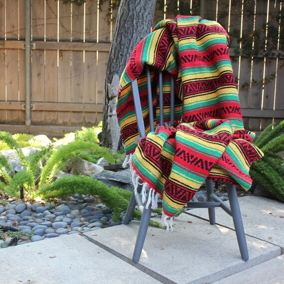 Southwestern Red Yellow Green & Black Mexican Fringe Blanket - Etsy