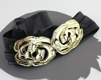 Vintage Black Leather Belt with Gold Buckle / Adjustable Length Belt up to 34 / Abstract Rose Gold Metal Buckle / Vintage Black & Gold Belt