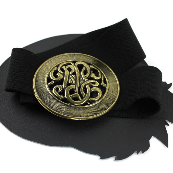 Black & Brass Large Round Scroll Buckle Elastic B… - image 1