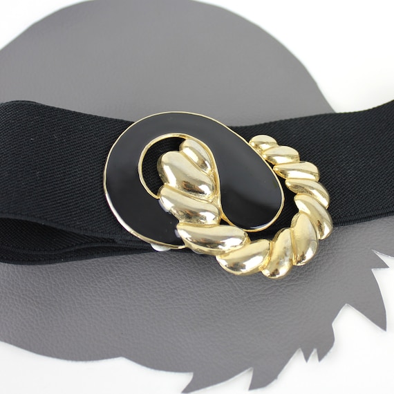 Vintage Stretch Belt with Black and Gold Swirl Buckle Black & Gold Swirl Buckle on Black Elastic Vintage Belt - 27  main image 2
