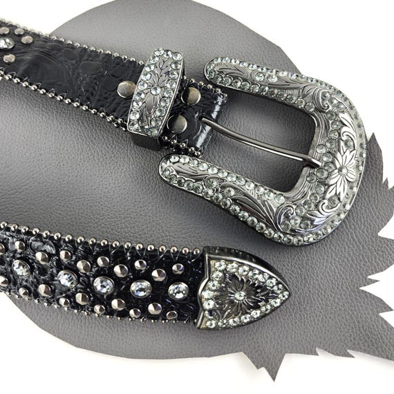 Silver and Black Embellished Belt Black and Silver Leather Embellished Belt Size M/L Black and  main image 4