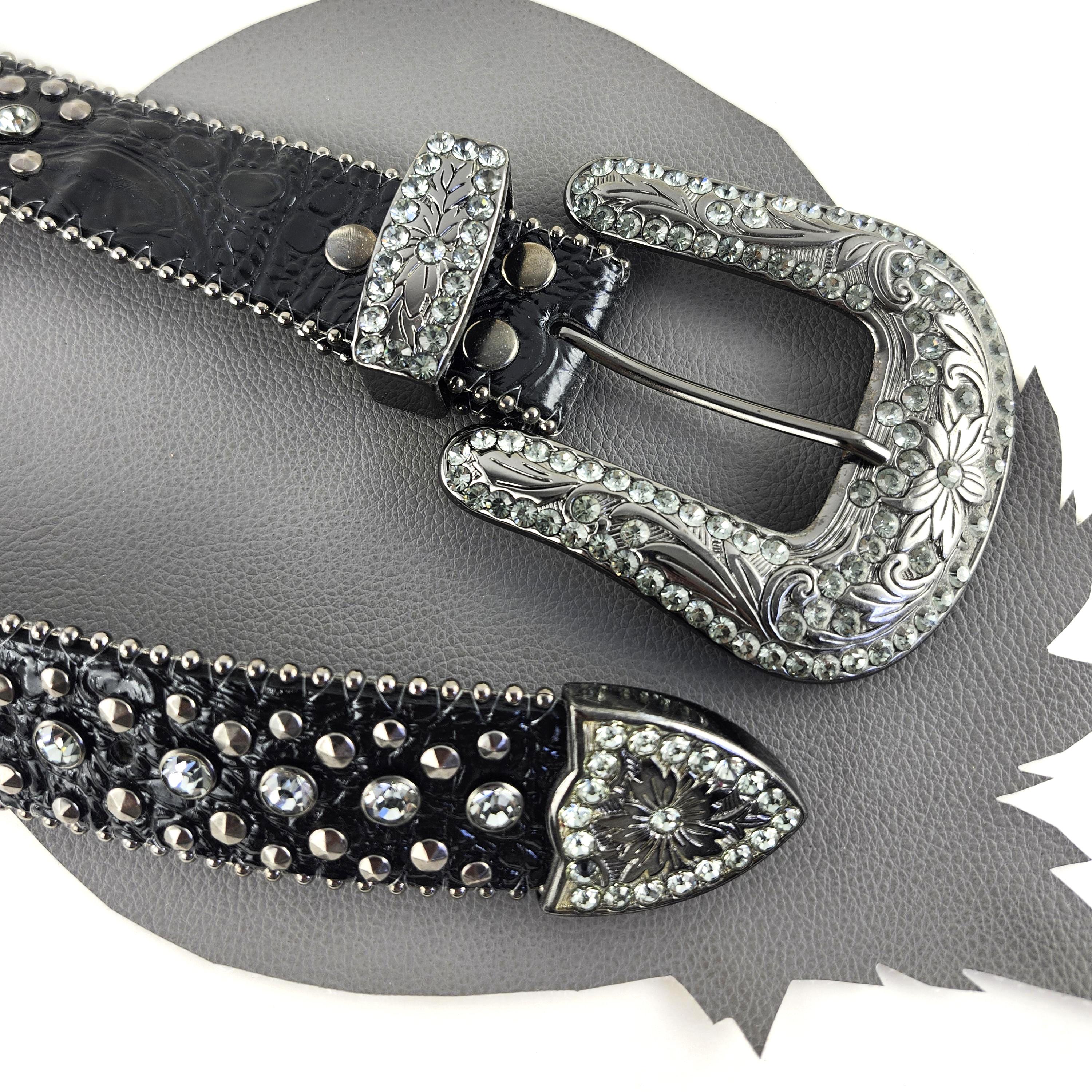 Black Leather Studs & Rhinestones Western Vintage Belt With  display picture 3