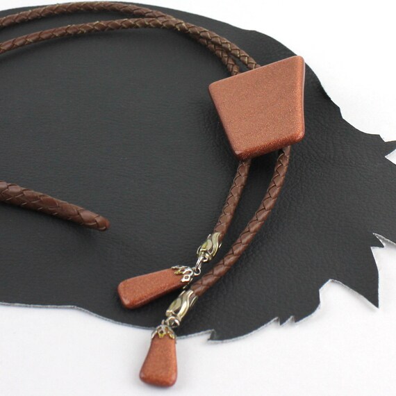 Goldstone Glittery Stone Bolo Tie with Brown Leat… - image 4