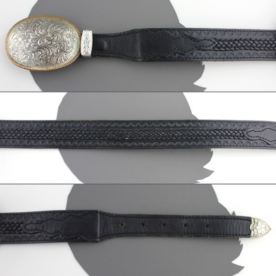 Black Leather Western Belt with Silver Paisley Bu… - image 3