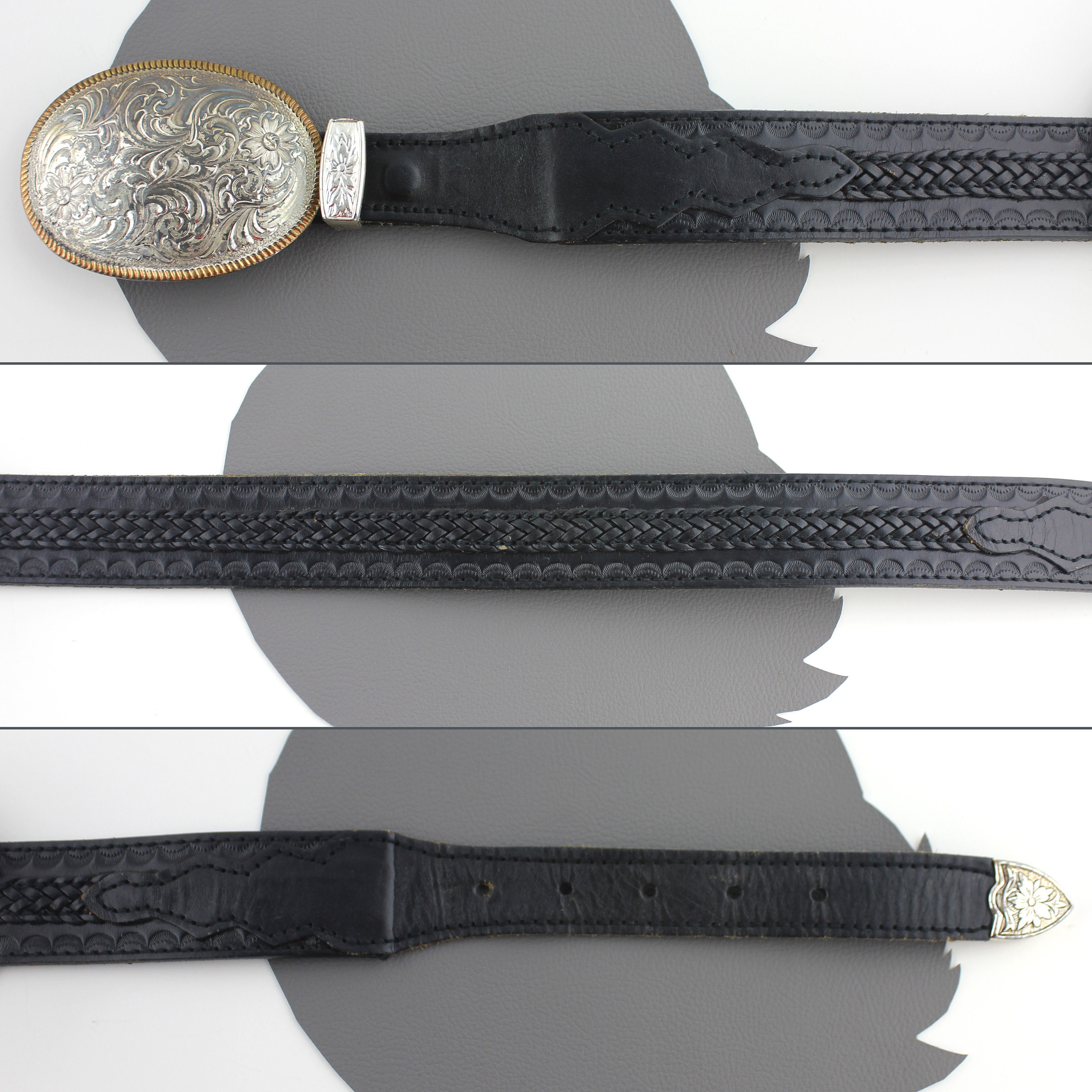 VINTAGE: Black Leather Belt with Sculpted Silver-Tone Western Buckle Buy Black Men main image 4