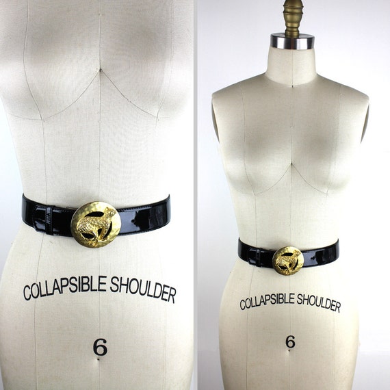 Gold Cheetah Buckle on Black Patent Leather Belt - Size 29  display picture 2