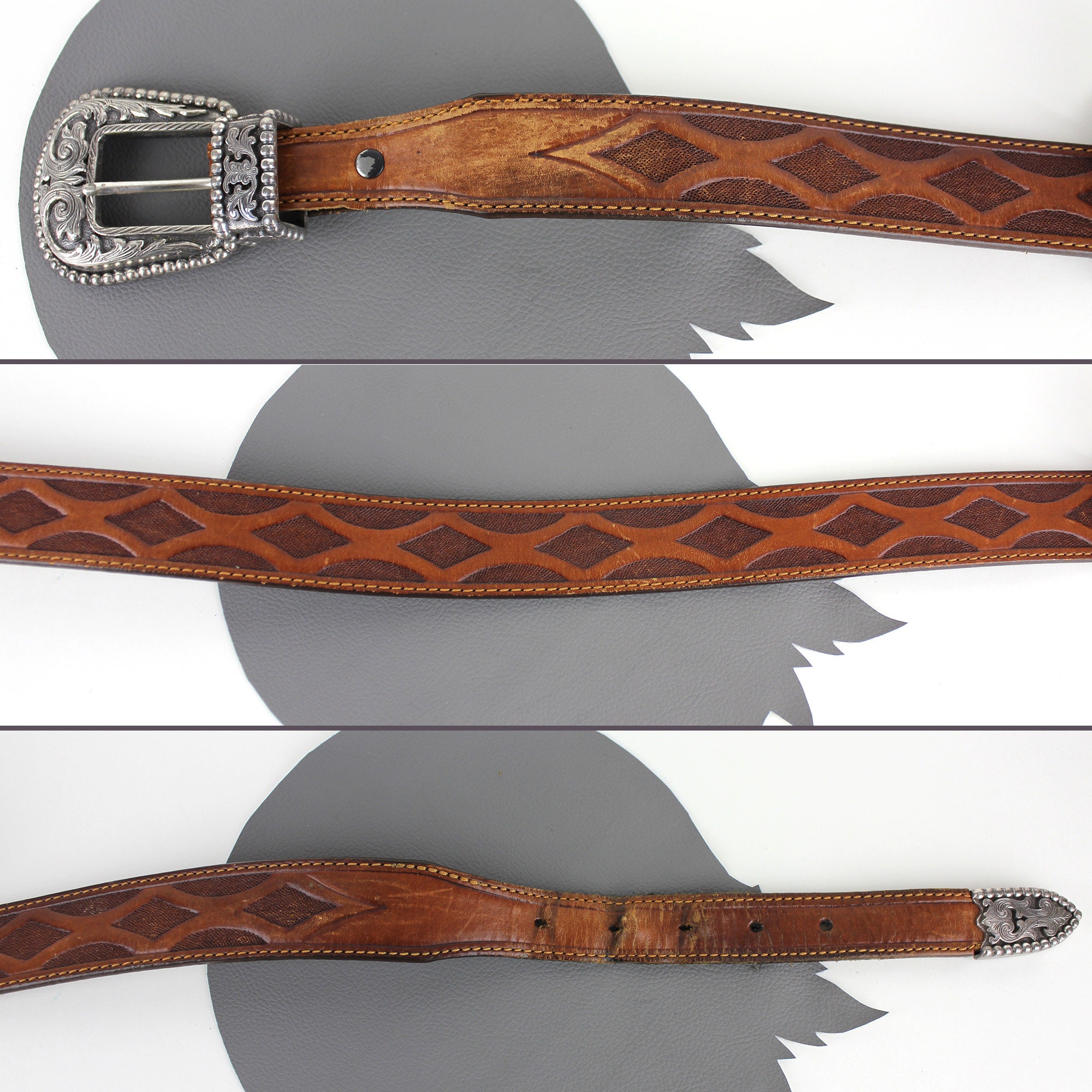 Tony Lama Vintage Brown Leather Western Belt 3-Piece Silver Buckle Size 30 Vintage Tony Lama Silver Heart Brown Leather belt – Holy Thrift main image 2