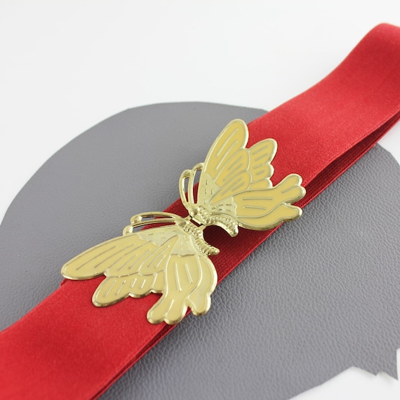 Gold Butterfly Buckle on Red Elastic Vintage Belt  display picture 2