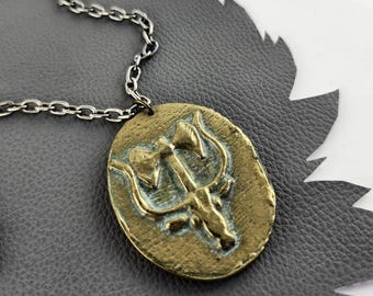 Vintage Brass Greek Double Sided Pendant Long Silver Chain Vintage Necklace