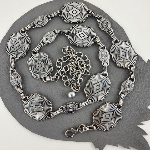 Vintage Western Silver Oval Metal Concho Chain Belt - up to 