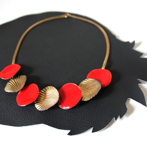 Red Enamel and Gold Vintage Necklace - image 1