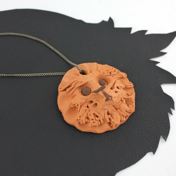 Vintage Lions Head Clay Handmade Necklace - image 1