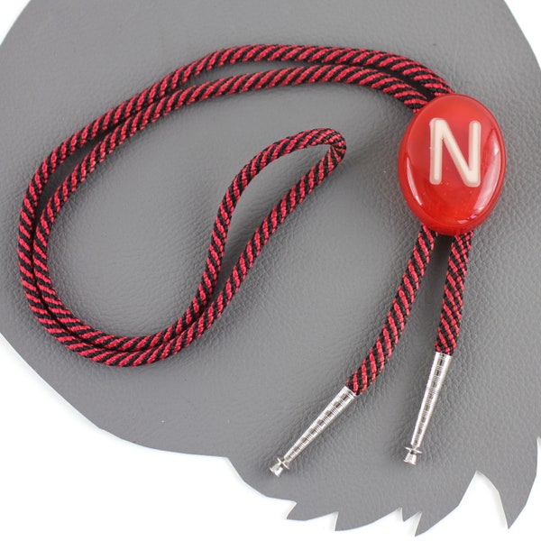 N Monogram Red Bolo Tie / Initial N Red Resin Vintage Bolo Tie / Red Black Stripe Nylon Bolo Tie / Kitsch N Bolo Tie