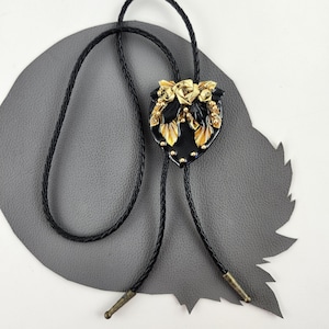 Vintage 80s Black & Gold Crafted Rose Flower Bolo Tie with Black Leather Cord