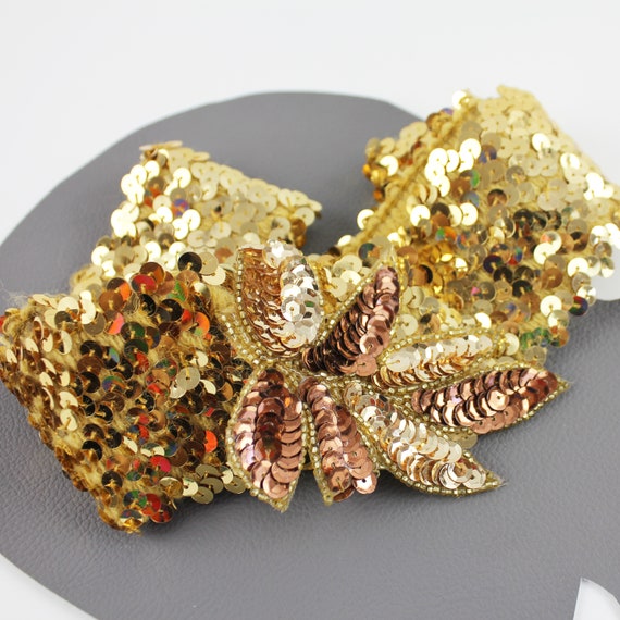 Vintage sequin gold belt with flower buckle Gold and Rose Gold Sequin Vintage Elastic Belt With Sequin  main image 2