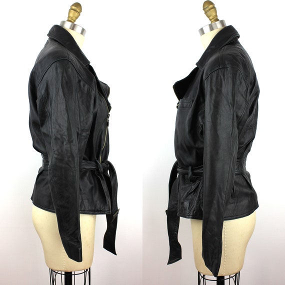 Black Leather Side Zip Belted Motorcycle Jacket - image 4