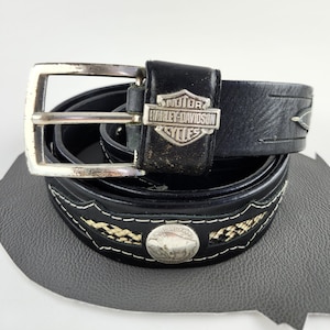 Harley Davidson Leather Belt Vtg Black Stone Sliver Tone 38.5” Harley-Davidson Women main image 4