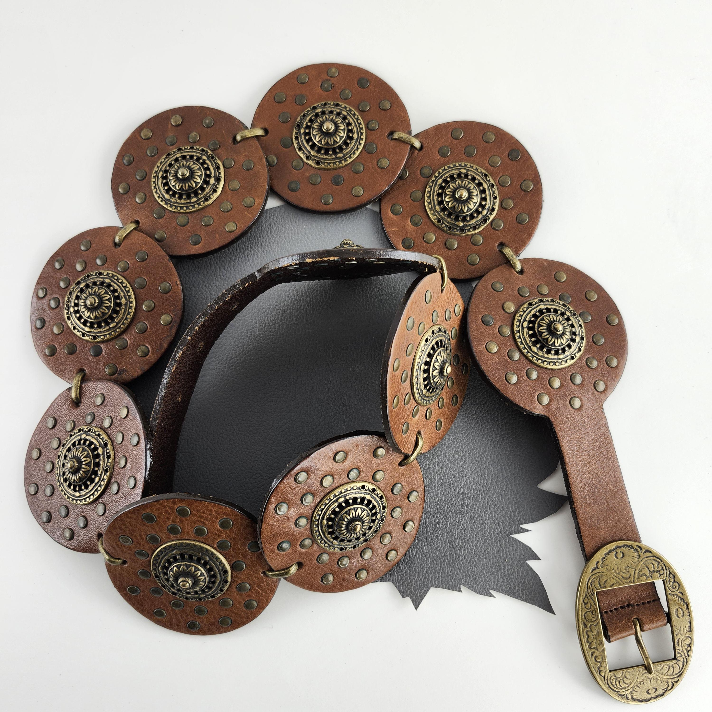 Vintage Brown Leather and Brass Studded Boho Statement Belt  display picture 3