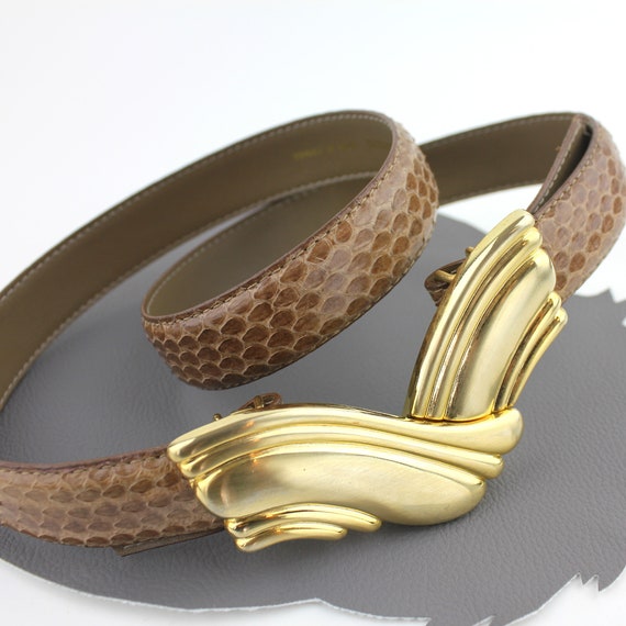 Vintage Liz Claiborne Snakeskin Belt – Tan Leather With Gold  display picture 1