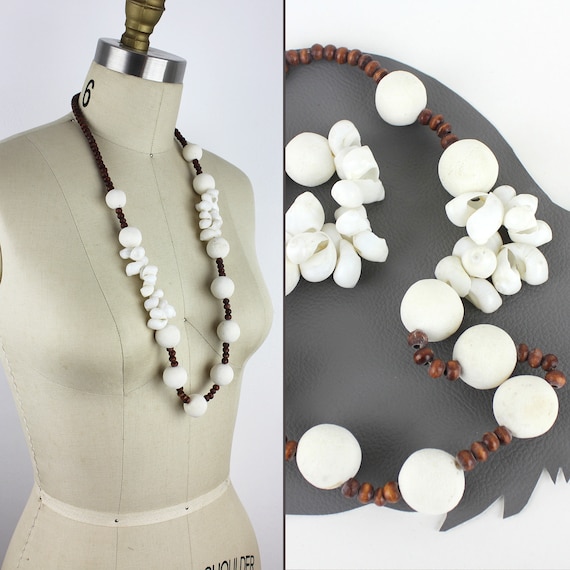 White & Brown Seashell and Wood Vintage Necklace - image 1