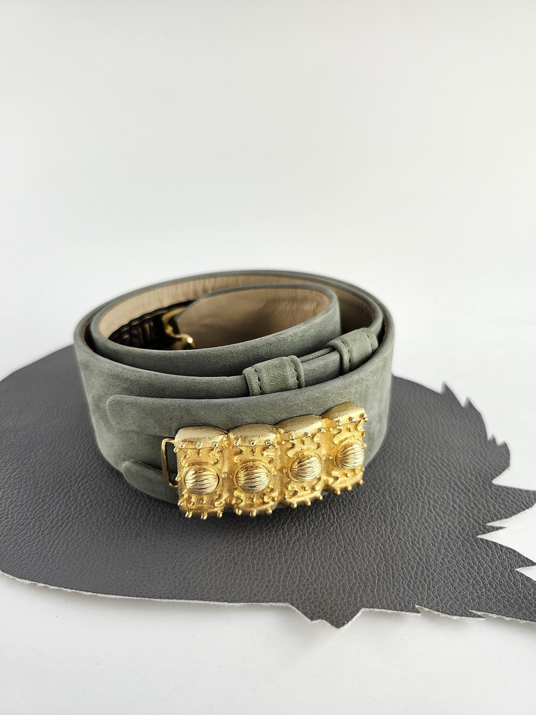 Carlisle Green Suede and Gold Women\'s Belt 90s Carlisle Dark Green Leather Statement Belt | Rhinestone  main image 3